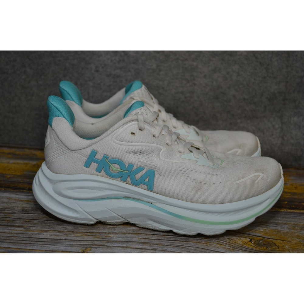 Hoka One Clifton 10 Shoes Womens 6.5B White Teal Running Sneakers 1162031 WTCL